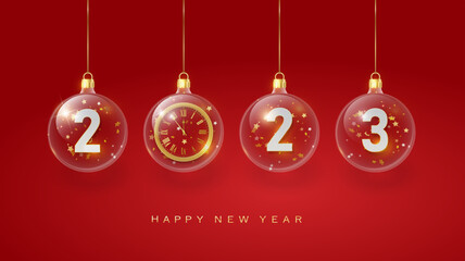 Wall Mural - 2023 Happy New Year in red. 2023 Golden metal number in glass bauble, decoration. Realistic 3d render metallic sign. Xmas Poster, banner, cover card, brochure flyer, layout design