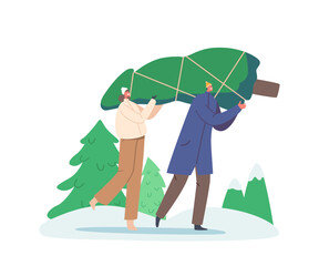 Sticker - Happy Couple Man and Woman Carry Fir Tree. People Christmas Rush, New Year Holidays Preparation Vector Illustration