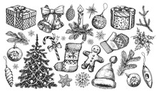 Christmas Retro Concept. Design Elements Hand Drawn In Sketchy Vintage Style. Holiday Decorations