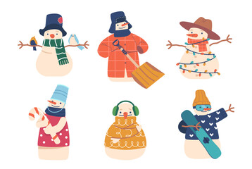 Wall Mural - Set of Cute Snowmen Characters, Funny Winter New Year and Christmas Personages Holding Snowboard, Candy Cane