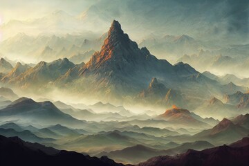 Canvas Print - Layer upon Layer of Mountains, Peaks and Knolls. Fantasy Backdrop. Concept Art. Realistic Illustration. Video Game Background. Digital Painting. CG Artwork. Scenery Artwork. Serious Book Illustration