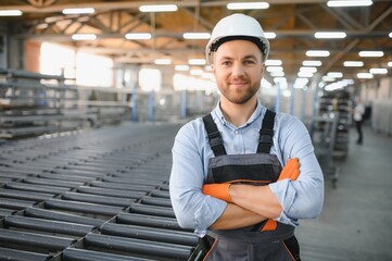 Portrait of factory worker. Young handsome factory worker.