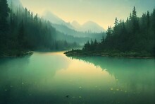 Foggy Coniferous Forest And Lake Wild Woods Landscape Travel Concept Serene Scenic View