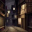 Old English street at night, reminiscent of the Shambles in York