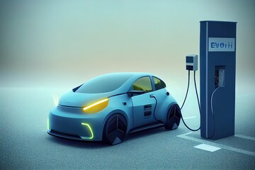 Sticker - EV Electric car silhouette with low battery charging at electric charge station. 3d render and illustration.