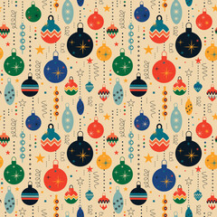 Wall Mural - Retro vintage Christmas pattern with tree toys. Christmas seamless background