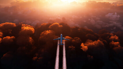 Wall Mural - cinematic view of a commercial airplane making a flight above clouds making a contrail at sunset. fa