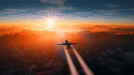 Wall Mural - cinematic view of a commercial airplane making a flight above clouds making a contrail at sunset. fa