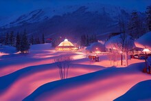 Hotel And Restaurant From Yurt Nomadic House Complex At Ski Resort Shymbulak In Almaty, Kazakhstan. Winter Frozen Morning Blue Hour Outdoor Tourism Concept.