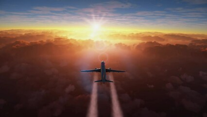 Wall Mural - cinematic view of a commercial airplane making a flight above clouds making a contrail at sunset. ca