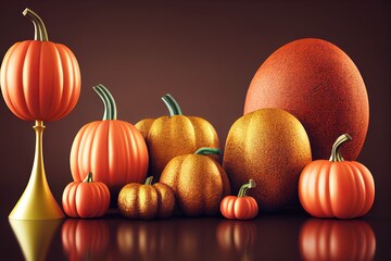 Canvas Print - 3D brown background. Podium display with orange pumpkin. Autumn heather nature composition. Cosmetic, beauty product pedestal. Fall, gold stand with shadow. Dark Halloween Abstract 3D render mockup