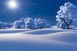 BRIGHT SNOW BACKGROUND WITH SUN SHINE AND CLEAR BLUE SKY, OUTDOOR WINTER BACKDROP