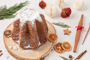 Pandoro, traditional italian Christmas sweets for winter holidays celebration. Cristmas desert, festive dinner concept