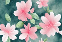 Seamless Watercolor Floral Pattern Pink Blush Flowers Elements, Green Leaves Branches On White Background; For Wrappers, Wallpapers, Postcards, Greeting Cards, Wedding Invites, Romantic Events.