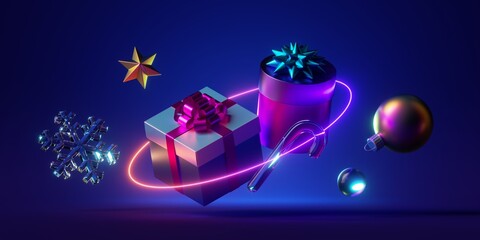 Wall Mural - 3d render, neon Christmas wallpaper. Wrapped gift boxes inside the glowing ring, isolated on blue background