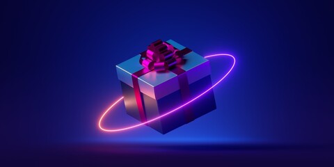 Wall Mural - 3d render, neon ring and gift box levitate over blue background. Futuristic Christmas ornament concept, festive minimalist wallpaper