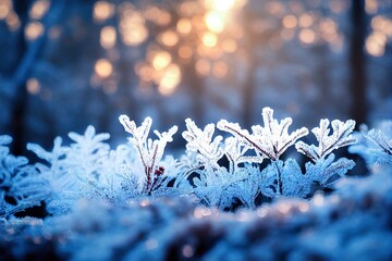 Sticker - Frost covered plants in winter forest at sunrise. Selective focus. Beautiful winter nature background