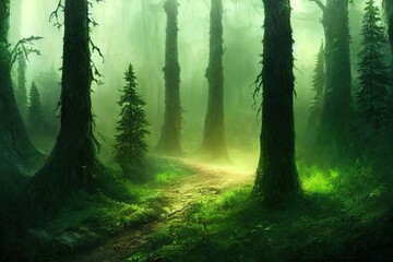 Deep Forest. Fantasy Backdrop. Concept Art. Realistic Illustration. Video Game Digital CG Artwork Background. Nature Scenery.