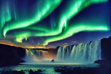 Canvas Print - A wonderful night with Kp 5 . Northern lights The Godafoss is a waterfall in Iceland.