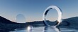 © wacomka - 3d render, abstract minimalist background, futuristic landscape, fantastic seascape with calm water, polished chrome ring and silver ball under the plain gradient sky. Fantasy panoramic wallpaper