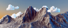 3d Rendering, Abstract Panoramic Background. Terrain Landscape, White Clouds Behind The Rocky Mountains. Fantasy Wallpaper