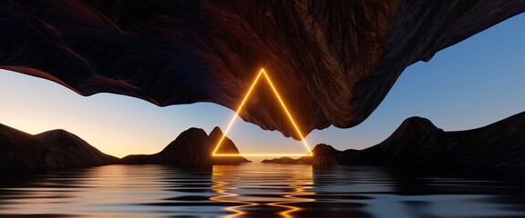 Wall Mural - 3d render, seascape with cliffs, water reflections and yellow neon triangle.sacred geometry concept.