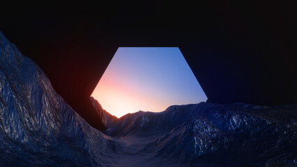 Wall Mural - 3d render, abstract futuristic panorama, minimalist geometric background. landscape with rocky mount