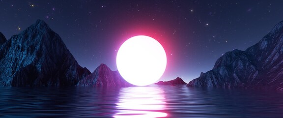 Wall Mural - 3d render, abstract background with landscape and bright moon, round geometric shape glowing in the 