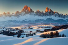 Christmas Postcard. Bright Winter View Of Alpe Di Siusi Village With Plattkofel Peak On Background. Incredible Morning Scene Of Dolomite Alps. Spectacular Winter Landscape Of Ityaly, Europe.