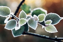 First Autumn Frost. Partially Blurred Branch Of Rose Bush, Covered With White Frost. Morning Frost, Green Frozen Plant Leaves. On Winter, Nature Falls Asleep. Defocused Background Image
