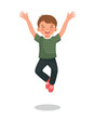 cute little boy get excited jumping with both hands raise up feeling happy