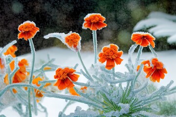 Sticker - marigold in the snow and frost in the winter garden. Natural background