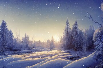 Wall Mural - Winter bright background. Christmas landscape with snowdrifts and pine branches in the frost.