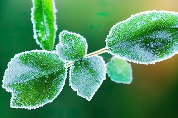 Sticker - First autumn frost. Partially blurred defocused background image of green grass covered with white frost. Morning green icy plant leaves. On winter, nature falls asleep