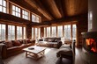 Leinwandbild Motiv cozy warm home interior of a chic country chalet with a huge panoramic window overlooking the winter forest. open plan, wood decoration, warm colors and a family hearth
