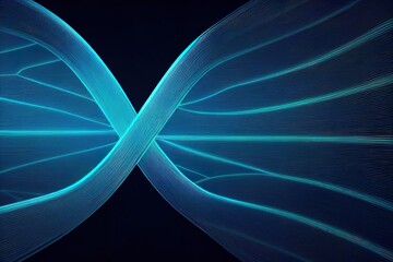 Poster - 3d render, abstract minimal neon background with glowing wavy line. Dark wall illuminated with led lamps. Blue futuristic wallpaper