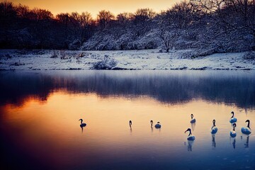 Sticker - Swans family swims in the winter lake water in sunrise time. White adult swan and little grey chicks in frozen water on morning. Frosty snowy trees on background. Animal photography