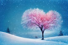 Heart Shape Tree In Winter Snow White Scene Landscape. Snow And Heart Tree Of Love, Winter In Blue Sunlight. Beautiful Landscape With Heart Shaped Tree. Hello December Or January Winter Background.