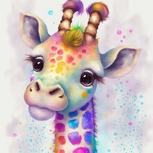 Cute Adorable Multicolor Cartoon Giraffe Drawing Splattered Multicolor Watercolors | Created Using Midjourney