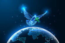 World Peace Concept With Flying Dove And Planet Earth Map From Space In Futuristic Glowing Style