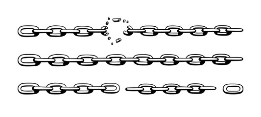 broken chain with shatters as symbol of strength and freedom. sketch of metal chains. vector illustr