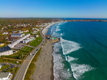 Long Sands Beach Aerial View In Fall In Village Of York Beach In Town Of York, Maine ME, USA. 