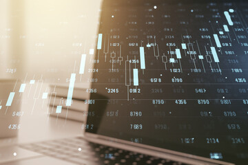 Aufkleber - Multi exposure of stats data illustration on modern laptop background, computing and analytics concept