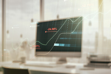 Poster - Abstract creative analytics data spreadsheet on modern computer background, analytics and analysis concept. Multiexposure