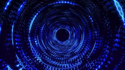 Wall Mural - blue binary digital tunnel looping video, abstract neon light green tunnel, dj disco party background, green black hole, futuristic swirl background