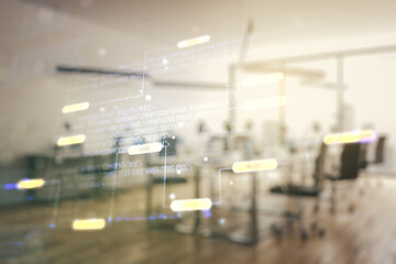 Aufkleber - Abstract virtual coding illustration on a modern furnished classroom background, software development concept. Multiexposure