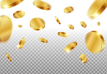 Poster - Realistic 3d gold coins falling on the background concept of falling like rain