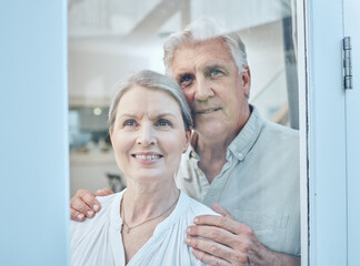 Poster - Senior couple, retirement future and window vision for thinking, love and care in Australia home. Happy, elderly and old people, woman and man in house, hope and lifestyle, dream and opportunity idea