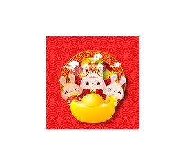 Happy Chinese new year 2023 greeting card background cute little rabbit bunny, year of the rabbit zodiac, gong xi fa cai banner template cartoon character illustration graphic design png style
