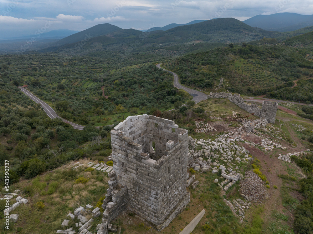 Aerial view of the ancient city walls of Messene with giant stones and